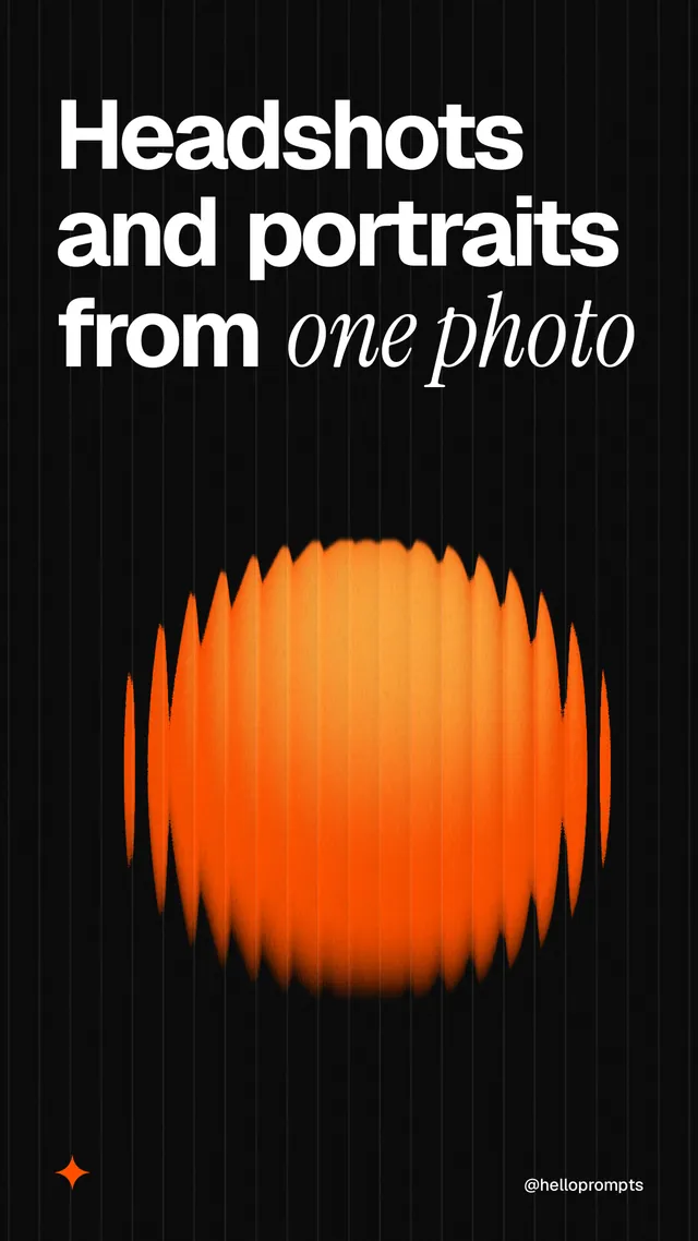 Instagram story for HelloPrompts: "Headshots and portraits from one photo". Auto 9x16 style, technique:shader field layout, dark palette in black, brown.