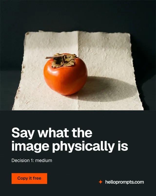 Instagram portrait post for HelloPrompts: "Say what the image physically is". Swiss style, bottom layout, dark palette in black, yellow, orange.