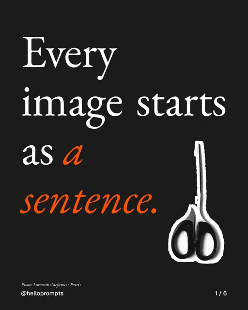 Carousel for HelloPrompts: "Every image starts as a sentence.". Cutout essay, 6 slides, dark palette.