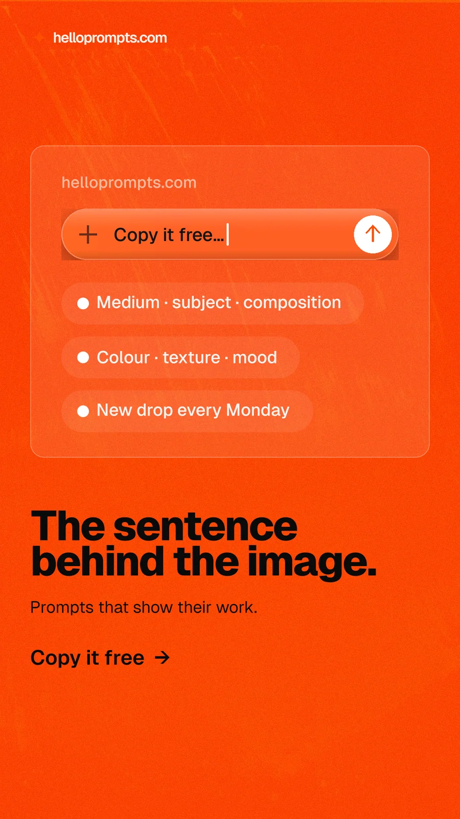 Instagram story for HelloPrompts: "The sentence behind the image." Turn card style, bottom layout, dark palette in orange, red.
