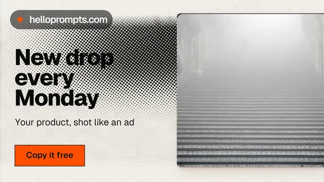 Landscape graphic for HelloPrompts: "New drop every Monday". Ink sticker style, bottom layout, light palette in grey, white.