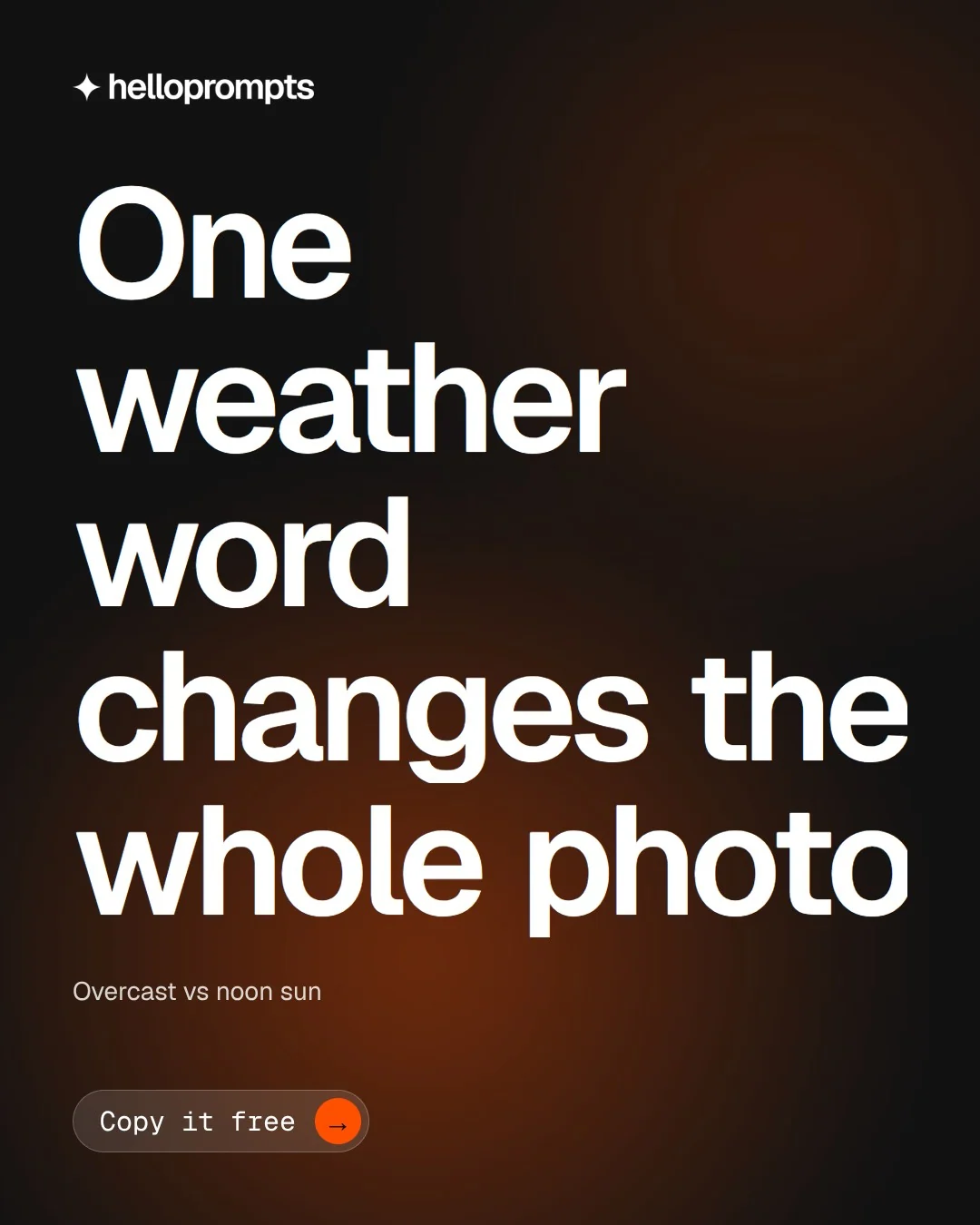 Video for HelloPrompts: "One weather word changes the whole photo". Doc motion loop, 8.0 s, dark palette.