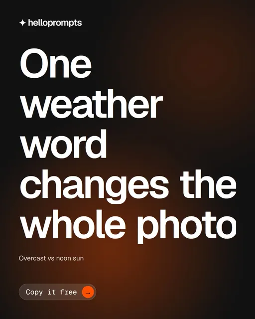Video for HelloPrompts: "One weather word changes the whole photo". Doc motion loop, 8.0 s, dark palette.