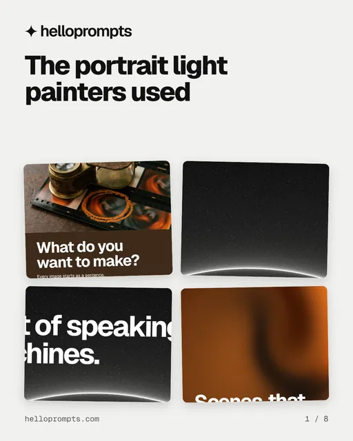 Carousel for HelloPrompts: "The portrait light painters used". Collection carousel, 8 slides, light palette.
