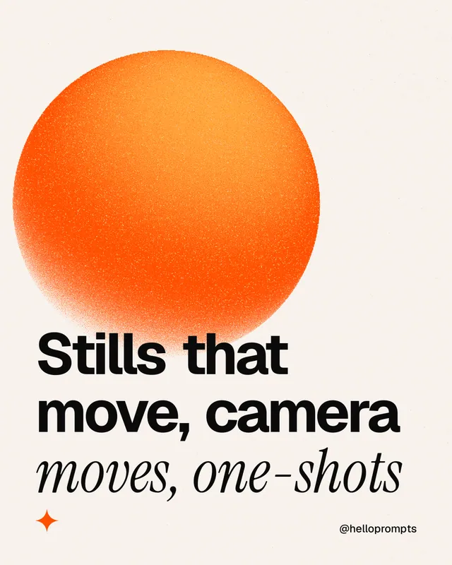Instagram portrait post for HelloPrompts: "Stills that move, camera moves, one-shots". Auto 4x5 style, technique:shader field layout, light palette in white, orange.