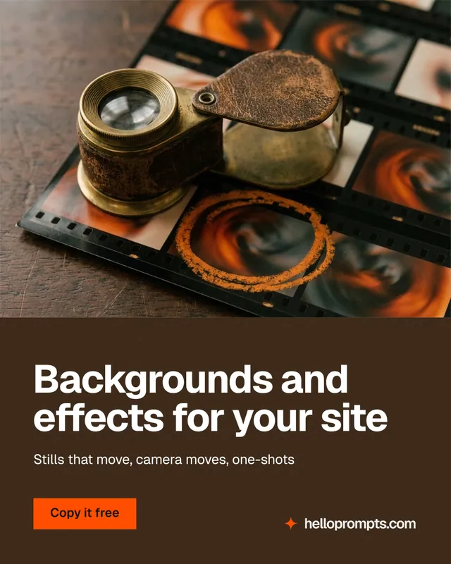 Instagram portrait post for HelloPrompts: "Backgrounds and effects for your site". Swiss style, bottom layout, dark palette in orange, black, grey.