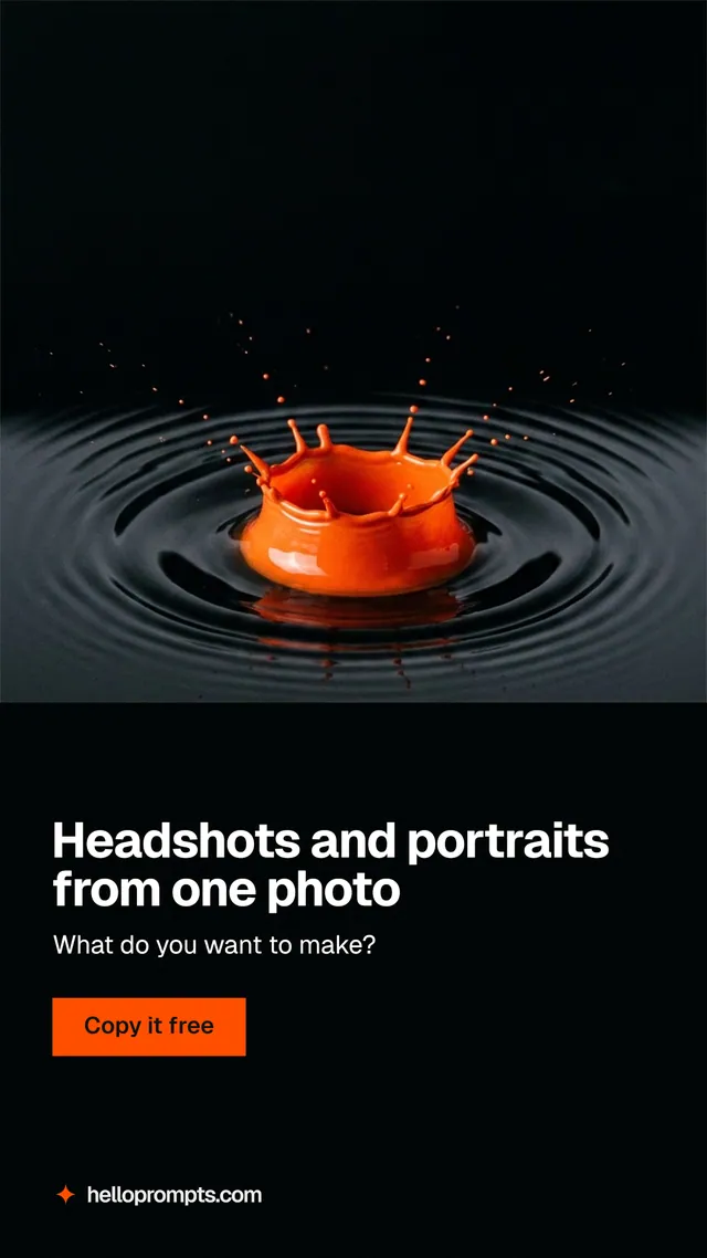 Instagram story for HelloPrompts: "Headshots and portraits from one photo". Swiss style, bottom layout, dark palette in black.