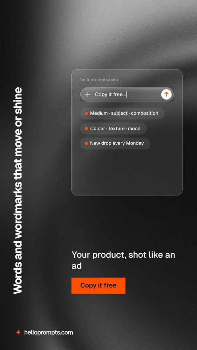 Instagram story for HelloPrompts: "Words and wordmarks that move or shine". Swiss style, vertical layout, dark palette in black, grey.