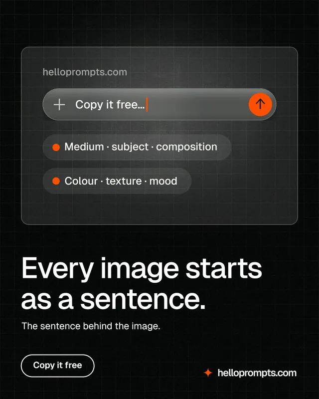 Instagram portrait post for HelloPrompts: "Every image starts as a sentence." Phosphor atlas style, bottom layout, dark palette in black, grey.
