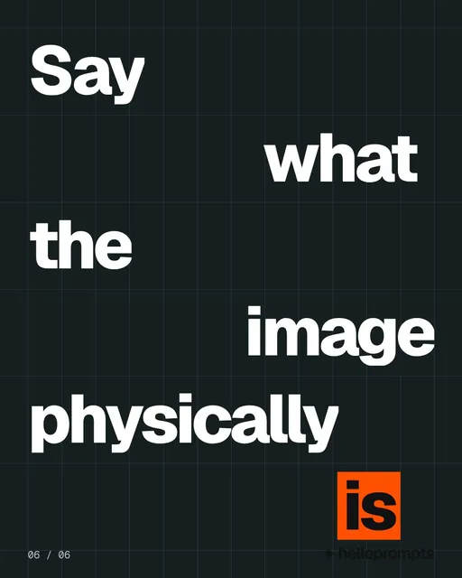 Video for HelloPrompts: "Say what the image physically is". Kinetic type grid, 6.0 s, dark palette.
