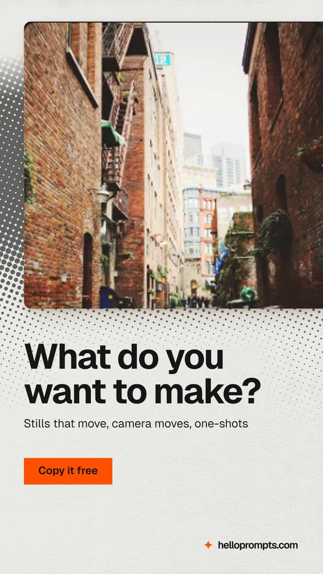 Instagram story for HelloPrompts: "What do you want to make?" Swiss style, bottom layout, light palette in orange, white.