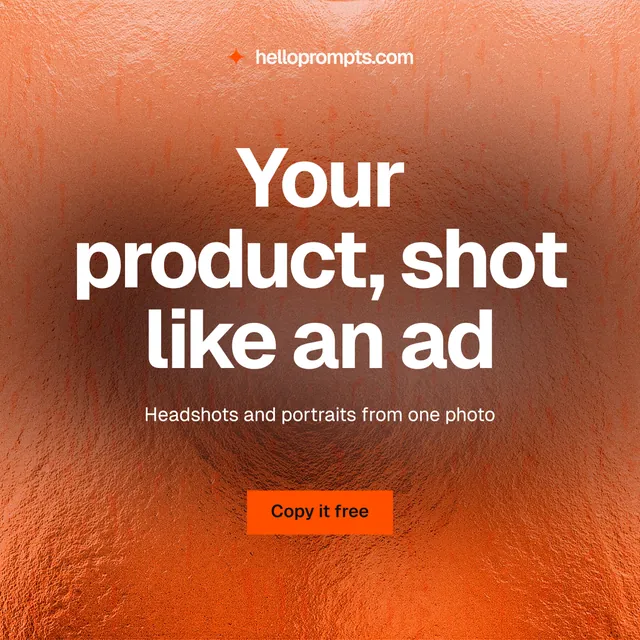 Instagram post for HelloPrompts: "Your product, shot like an ad". Swiss style, centred layout, light palette in red, orange.