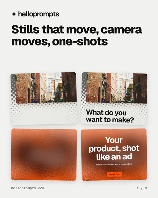 Carousel for HelloPrompts: "Stills that move, camera moves, one-shots". Collection carousel, 8 slides, light palette.