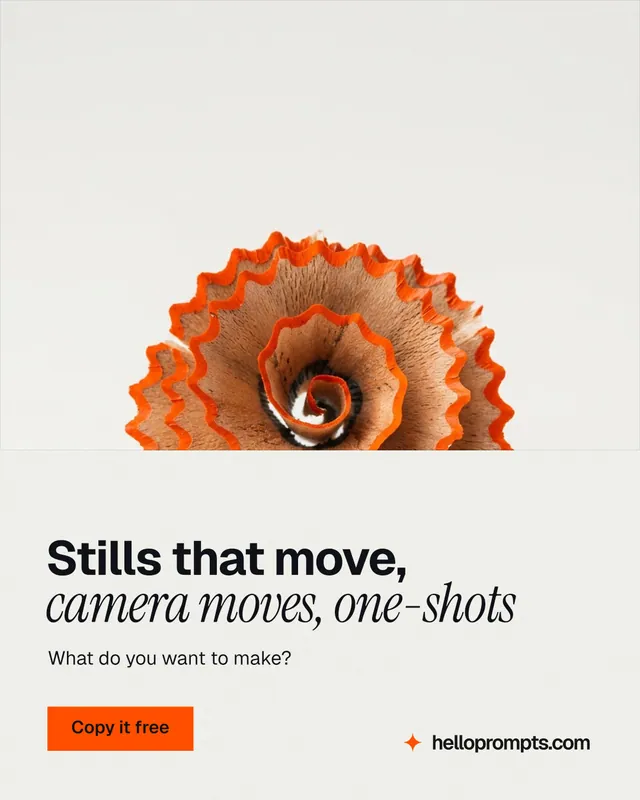 Instagram portrait post for HelloPrompts: "Stills that move, camera moves, one-shots". Swiss style, bottom layout, light palette in white, orange.