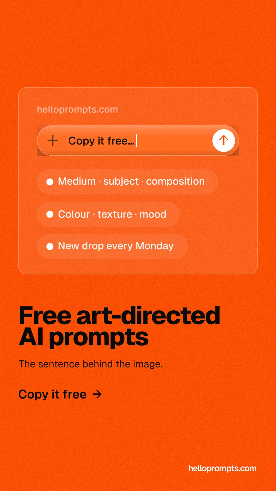 Instagram story for HelloPrompts: "Free art-directed AI prompts". Turn card style, bottom layout, light palette in orange.
