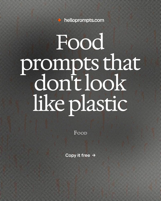 Instagram portrait post for HelloPrompts: "Food prompts that don't look like plastic". Swiss style, smallcaps layout, dark palette in grey.