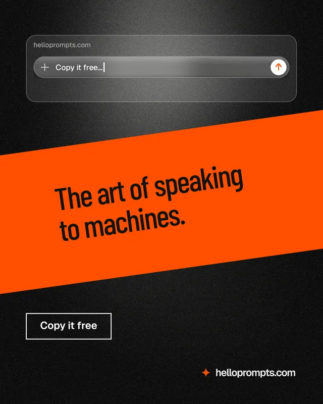 Instagram portrait post for HelloPrompts: "The art of speaking to machines." Dark deco style, diagonal layout, dark palette in black, orange, brown.