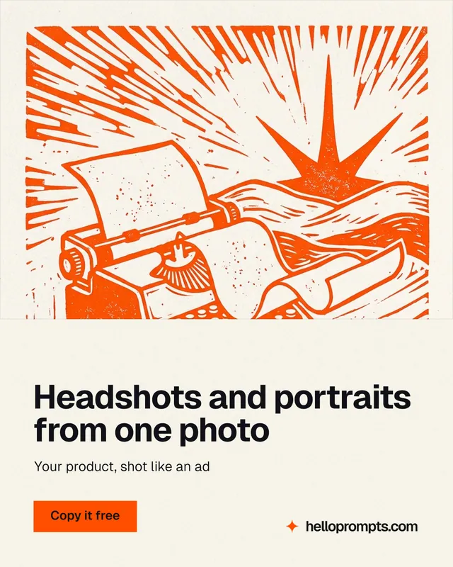 Instagram portrait post for HelloPrompts: "Headshots and portraits from one photo". Swiss style, bottom layout, light palette in white, orange.