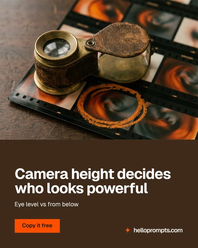 Instagram portrait post for HelloPrompts: "Camera height decides who looks powerful". Swiss style, bottom layout, dark palette in orange, black, grey.