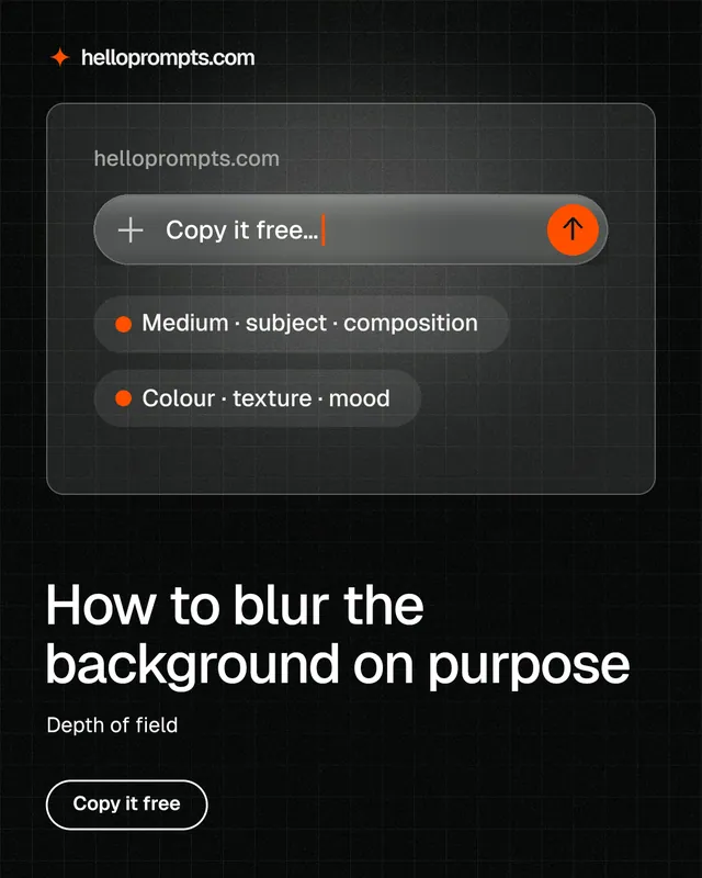 Instagram portrait post for HelloPrompts: "How to blur the background on purpose". Phosphor atlas style, bottom layout, dark palette in black, grey.