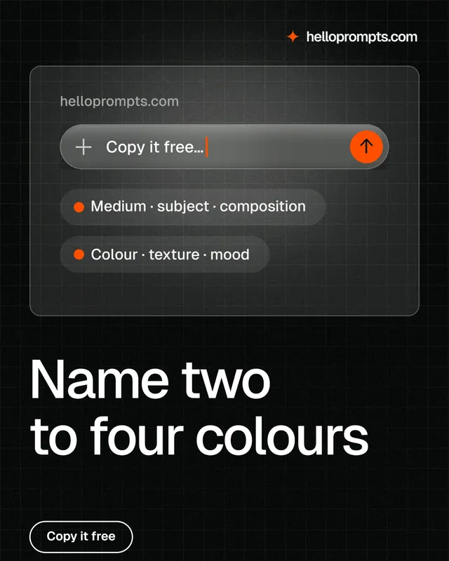 Instagram portrait post for HelloPrompts: "Name two to four colours". Phosphor atlas style, bottom layout, dark palette in black, grey.