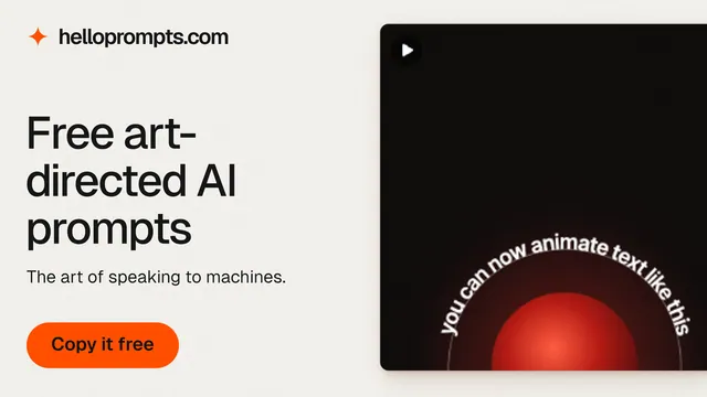 Landscape graphic for HelloPrompts: "Free art-directed AI prompts". Data card style, bottom layout, light palette in white, black, red.