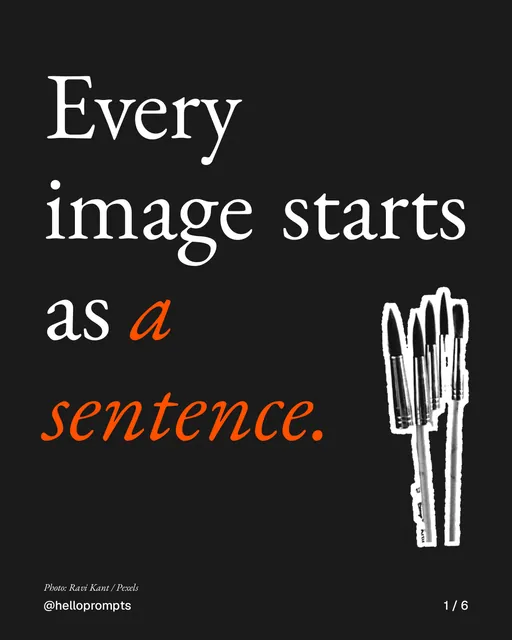 Carousel for HelloPrompts: "Every image starts as a sentence.". Cutout essay, 6 slides, dark palette.