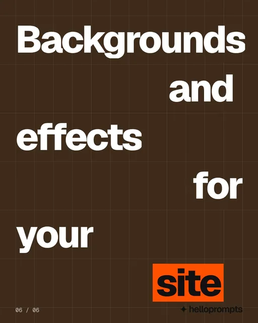 Video for HelloPrompts: "Backgrounds and effects for your site". Kinetic type grid, 6.0 s, dark palette.