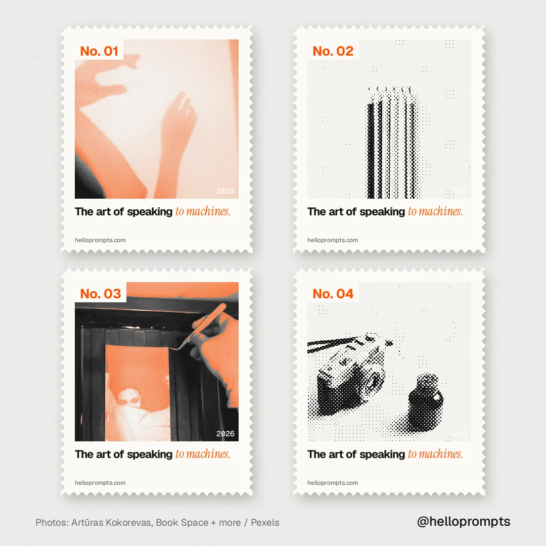 Instagram post for HelloPrompts: "The art of speaking to machines." Sheet style, technique:stamp series layout, light palette in white, grey.