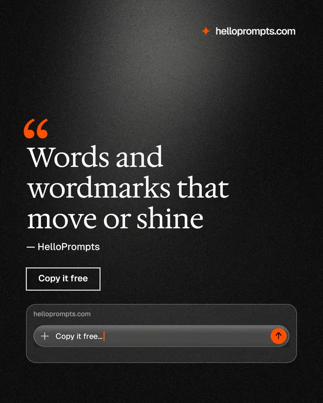 Instagram portrait post for HelloPrompts: "Words and wordmarks that move or shine". Dark deco style, quote layout, dark palette in black, grey.