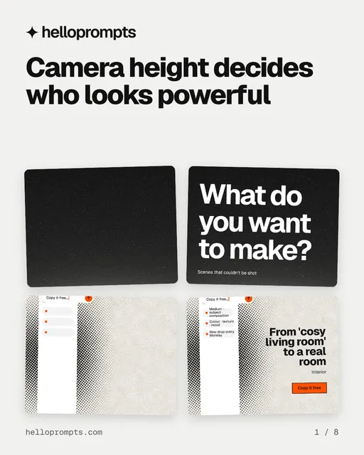 Carousel for HelloPrompts: "Camera height decides who looks powerful". Collection carousel, 8 slides, light palette.