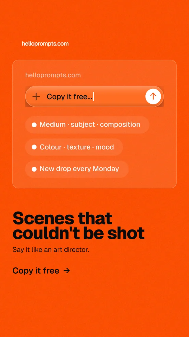 Instagram story for HelloPrompts: "Scenes that couldn't be shot". Turn card style, bottom layout, light palette in orange.
