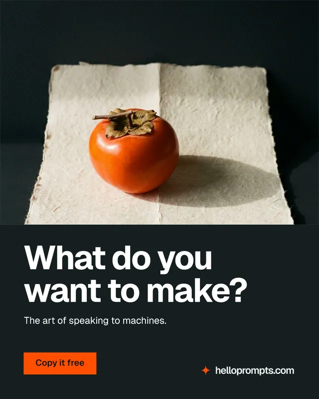 Instagram portrait post for HelloPrompts: "What do you want to make?" Swiss style, bottom layout, dark palette in black, orange, grey.