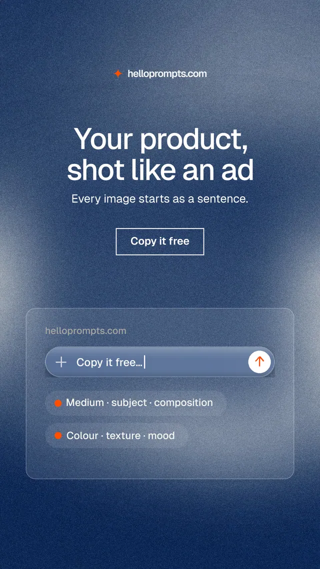 Instagram story for HelloPrompts: "Your product, shot like an ad". Cyanotype style, centred layout, dark palette in blue, grey.