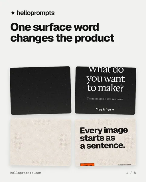 Carousel for HelloPrompts: "One surface word changes the product". Collection carousel, 8 slides, light palette.