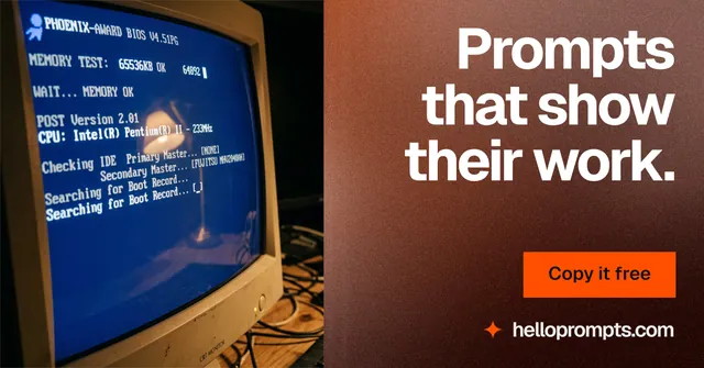 Social ad for HelloPrompts: "Prompts that show their work." Swiss style, right layout, dark palette in red, blue, grey.
