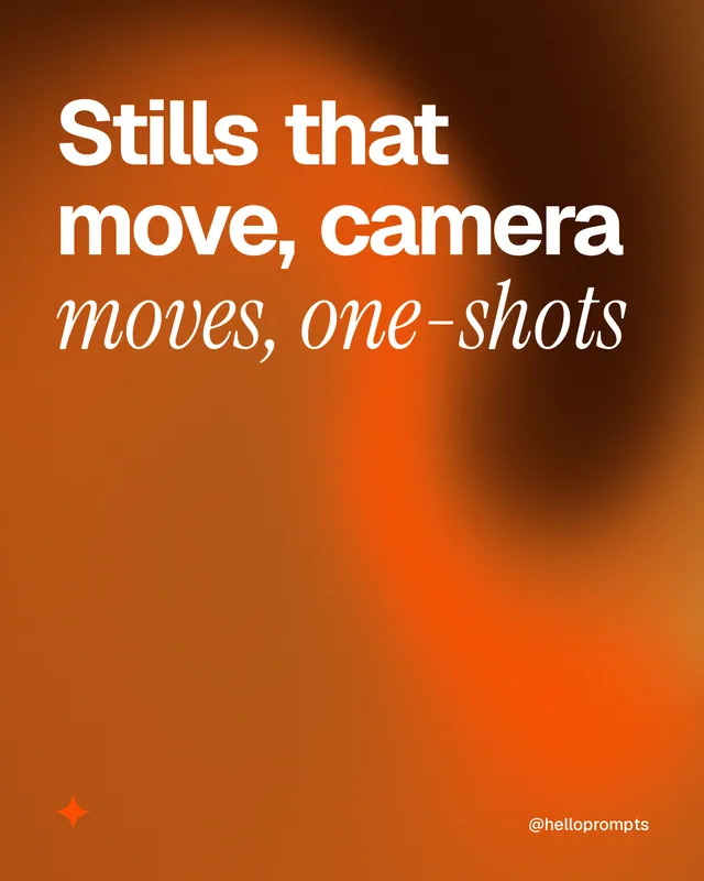 Instagram portrait post for HelloPrompts: "Stills that move, camera moves, one-shots". Auto 4x5 style, technique:shader field layout, dark palette in orange.