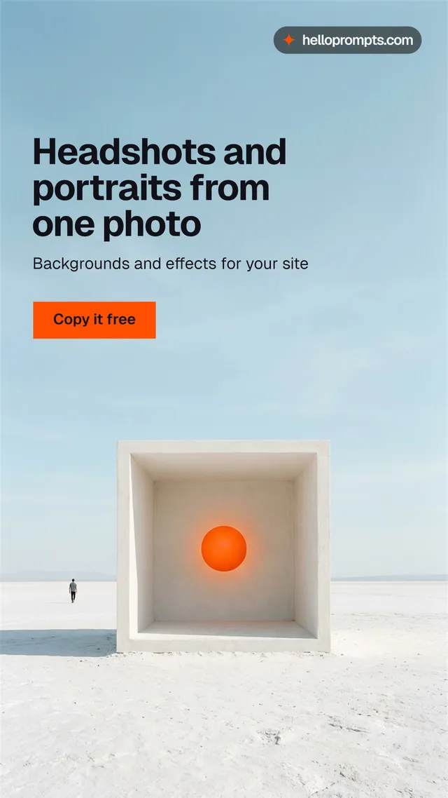 Instagram story for HelloPrompts: "Headshots and portraits from one photo". Swiss style, bottom layout, light palette in blue, white, grey.