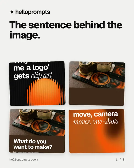 Carousel for HelloPrompts: "The sentence behind the image.". Collection carousel, 8 slides, light palette.