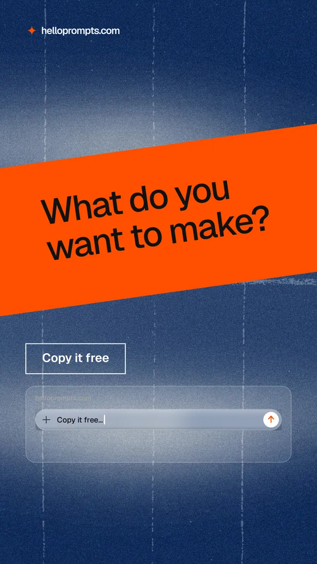 Instagram story for HelloPrompts: "What do you want to make?" Cyanotype style, diagonal layout, dark palette in blue, orange, grey.