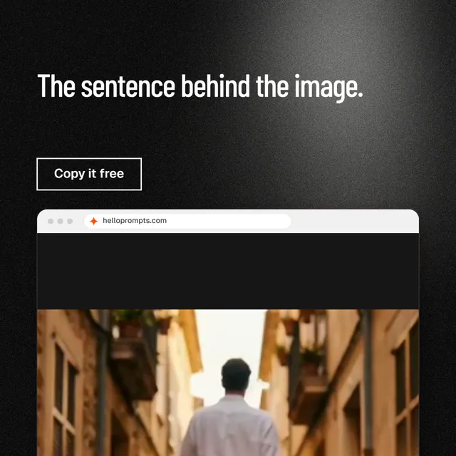 Instagram post for HelloPrompts: "The sentence behind the image." Dark deco style, browser layout, dark palette in orange, black.