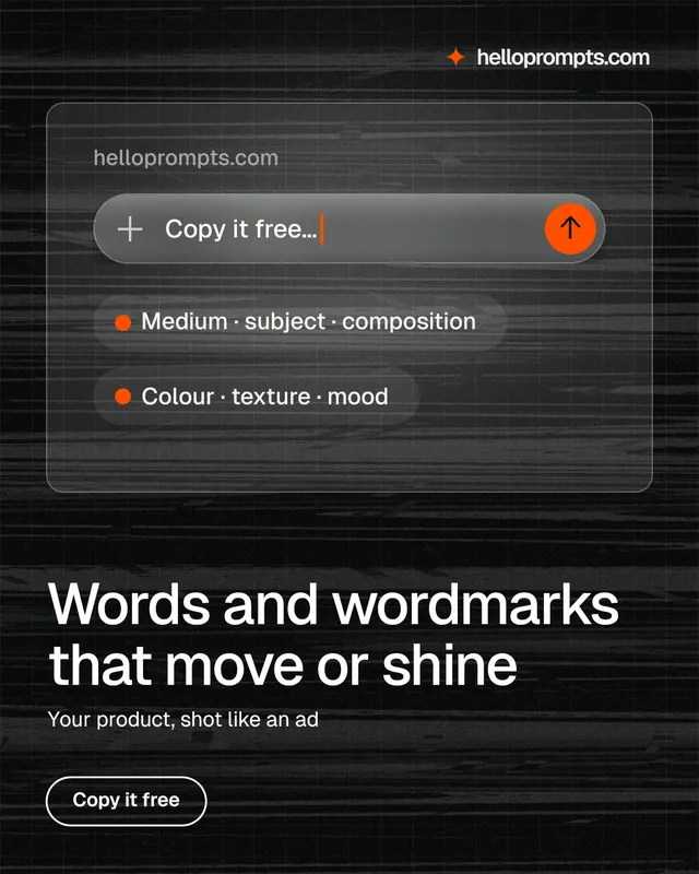 Instagram portrait post for HelloPrompts: "Words and wordmarks that move or shine". Phosphor atlas style, bottom layout, dark palette in black, grey.