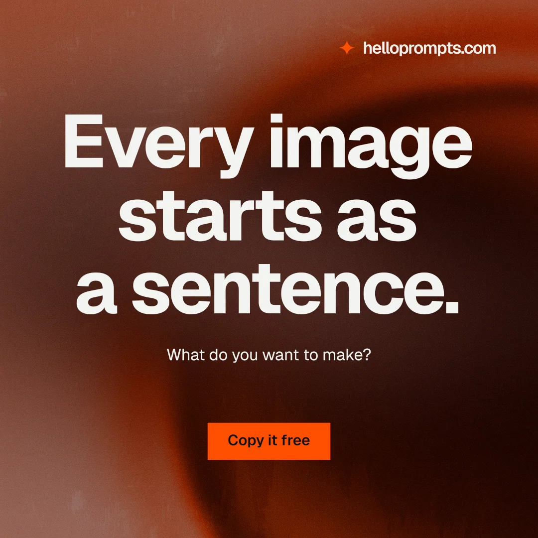 Instagram post for HelloPrompts: "Every image starts as a sentence." Swiss style, centred layout, dark palette in black, red, grey.