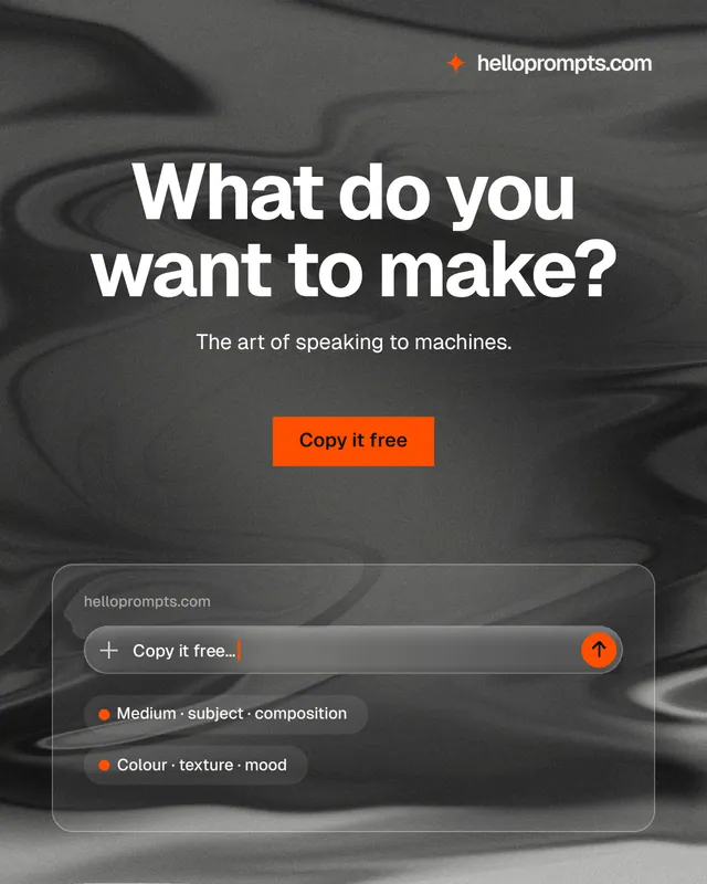 Instagram portrait post for HelloPrompts: "What do you want to make?" Swiss style, centred layout, dark palette in grey, black.