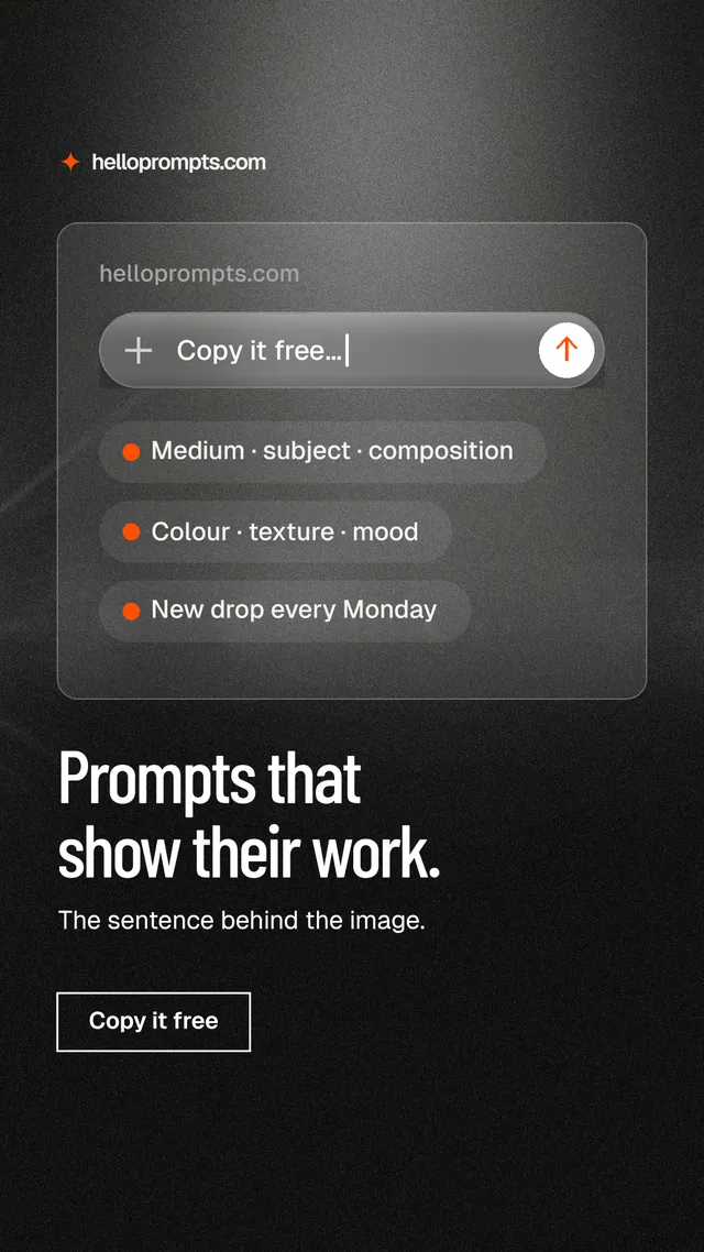 Instagram story for HelloPrompts: "Prompts that show their work." Dark deco style, bottom layout, dark palette in black, grey.