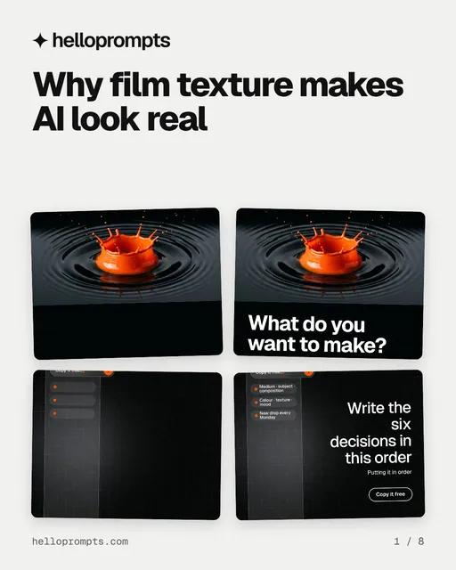 Carousel for HelloPrompts: "Why film texture makes AI look real". Collection carousel, 8 slides, light palette.