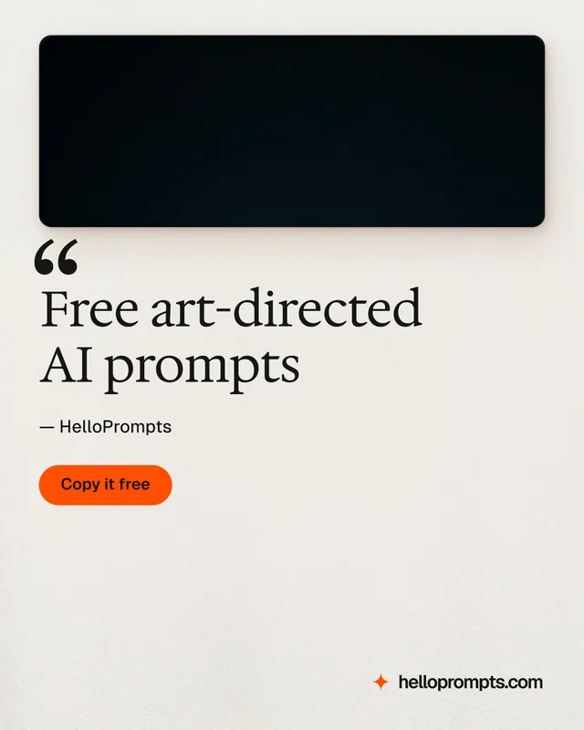 Instagram portrait post for HelloPrompts: "Free art-directed AI prompts". Data card style, quote layout, light palette in white, orange, black.