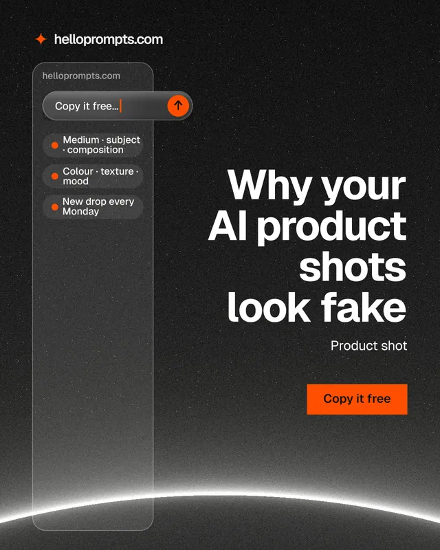 Instagram portrait post for HelloPrompts: "Why your AI product shots look fake". Swiss style, right layout, dark palette in black, grey.