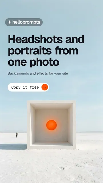 Video for HelloPrompts: "Headshots and portraits from one photo". Doc motion loop, 8.0 s, light palette.