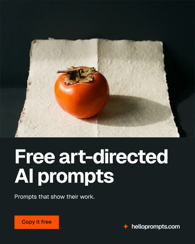 Instagram portrait post for HelloPrompts: "Free art-directed AI prompts". Swiss style, bottom layout, dark palette in black, orange.